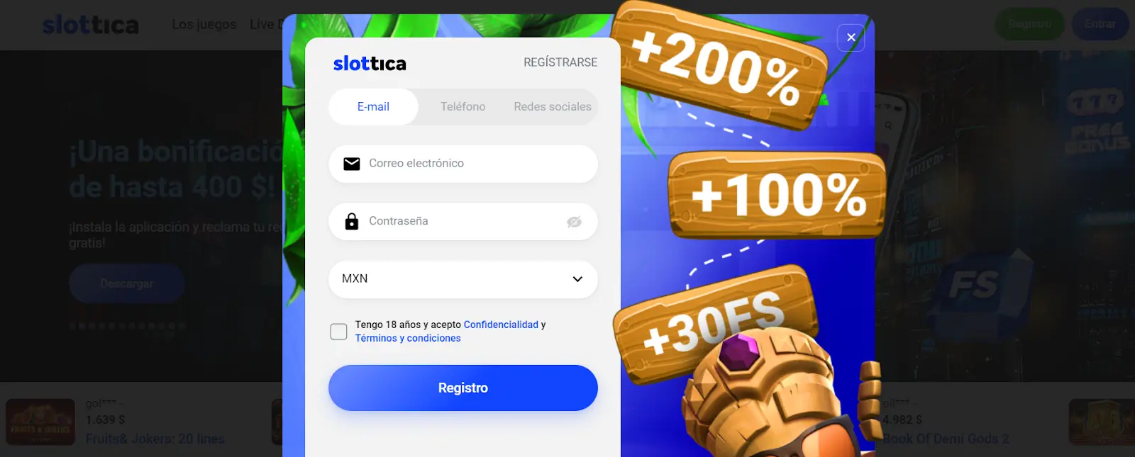 crea una nueva cuenta en Slottica formulario registro