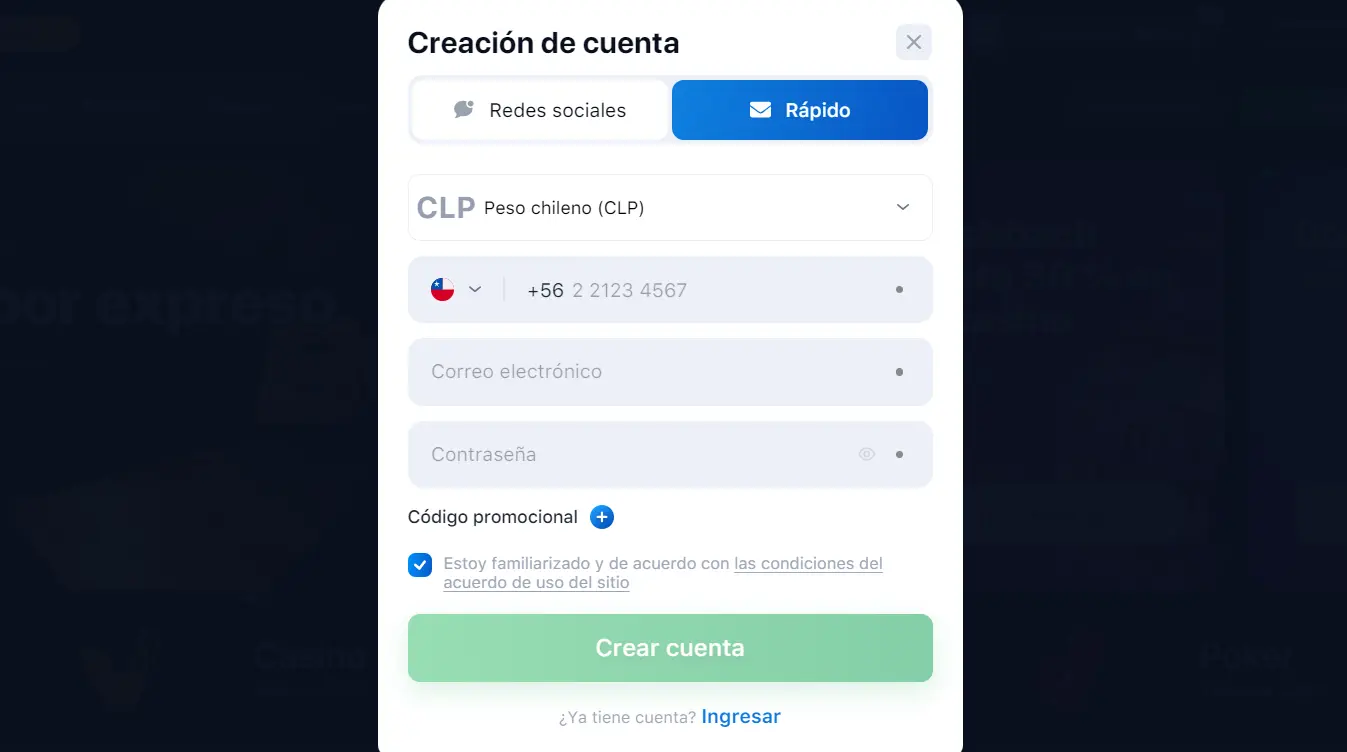 Crea una cuenta para jugar gratis Fortune Crash formulario registro